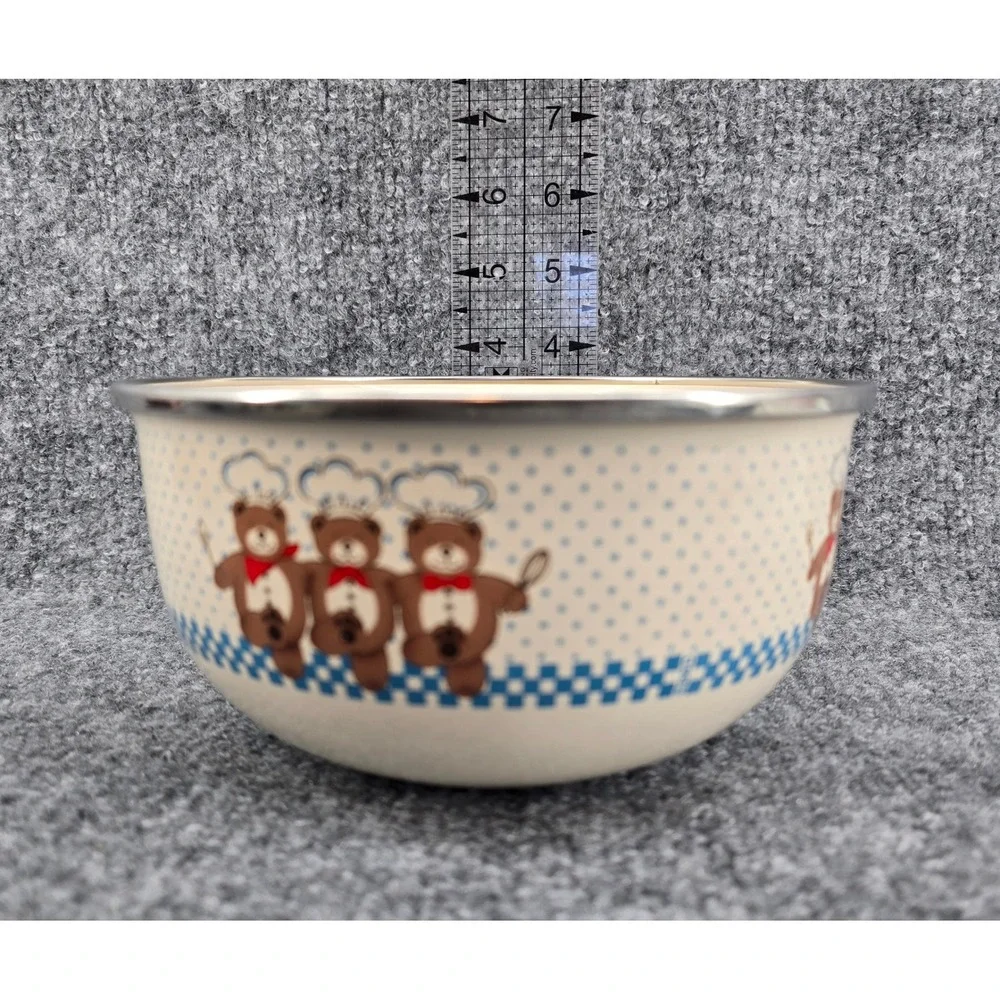 Vtg Set of 3 B&D Enamel Mixing Bowls Teddy Bear Chef w/ 2 Lids Metal 80s Rare